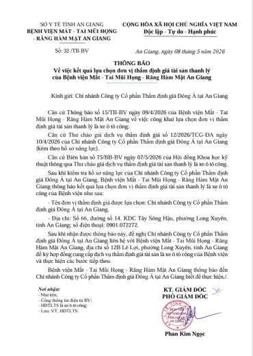 thong bao  ket qua lua chon don vi tham dinh gia tai san thanh ly   cua benh vien mat   tai mui hong   rang ham mat an giang